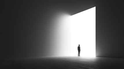 A person stands in front of an open door, the light from which shines down on them and illuminates their silhouette.