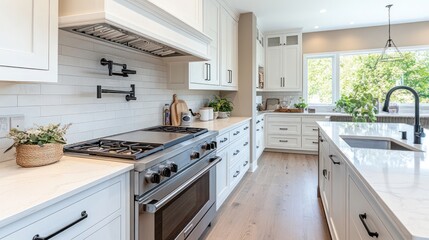 Modern white kitchen, bright and spacious, light wood floors, open plan.  Ideal for a home renovation or real estate marketing