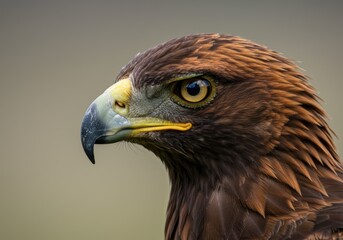 Obraz premium A magnificent golden eagle stares intently with its sharp beak and beautifully patterned brown feathers.