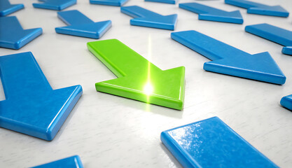 Unique Path Stand Out From the Crowd, Green Arrow Among Blue Arrows