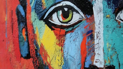 Obraz premium Abstract face painting with vibrant colors, textured brushstrokes, and a close-up view of an eye.