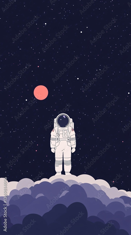 Aufkleber astronaut standing on clouds looking at red planet in starry sky