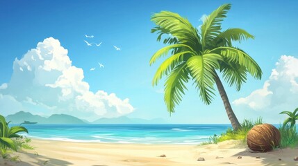 Fototapeta premium Tranquil Tropical Beach Scene with Palm Tree and Calm Waters