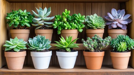Obraz premium Assorted Succulents in Decorative Pots on a Wooden Shelf