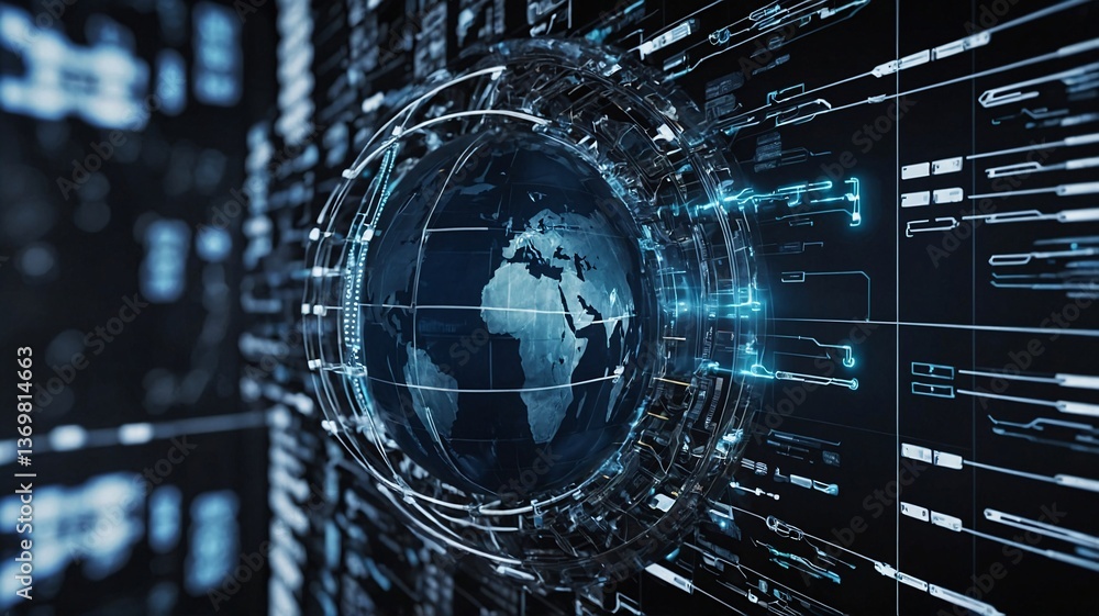Poster a futuristic depiction of a digital globe surrounded by glowing data streams, symbolizing global con