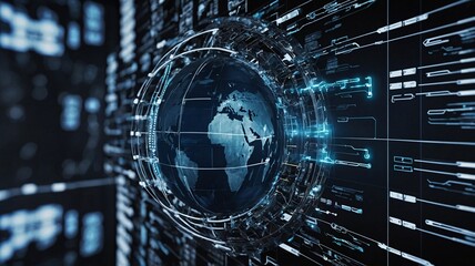 A futuristic depiction of a digital globe surrounded by glowing data streams, symbolizing global connectivity and technology.