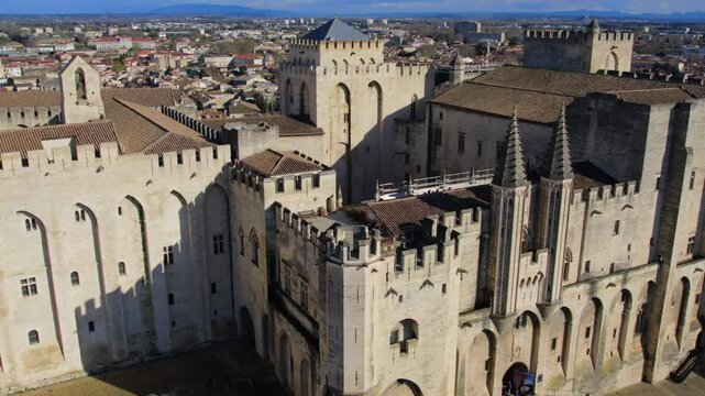 Aerial view of  Avignon France during springtime - Palais des Papes and the Pont D'Avignon on the river rhone in Avignon