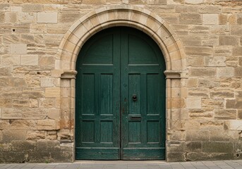 An old arched emerald-green wooden door set in a weathered stone surround, showcasing European architecture.