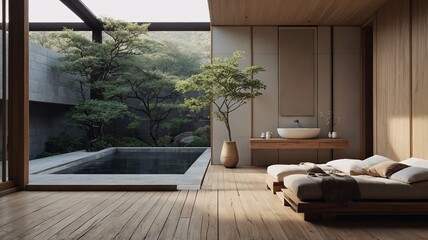 A serene modern interior featuring two comfortable lounge beds, surrounded by a peaceful outdoor garden view.