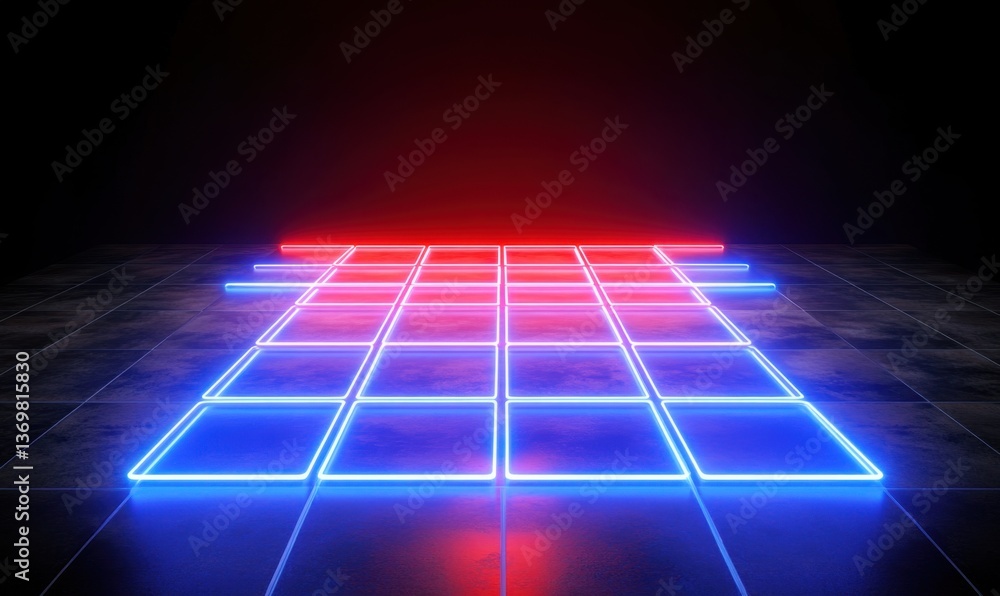 Poster neon grid on dark tiles, futuristic background for product display