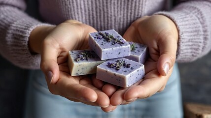 A woman holds a selection of lavender soap bars in her hands, showcasing a cozy and artisanal vibe.