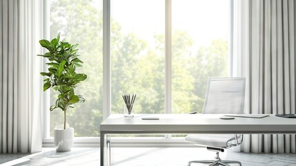 Fototapeta premium Sleek Office Minimalism: Sunlit Workspace with Design Aesthetics Design 