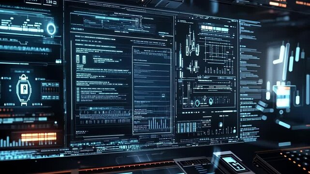 Futuristic cybersecurity control panel displaying complex data analysis, code, and security protocols, ensuring network security and protecting sensitive information in a high tech environment