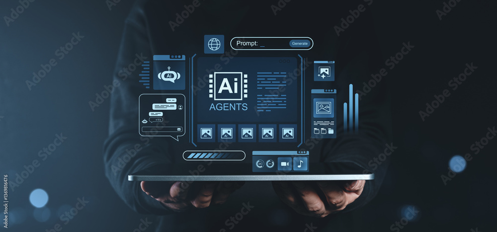 Poster ai agent technology interface displayed on a tablet, symbolizing futuristic software for generating 