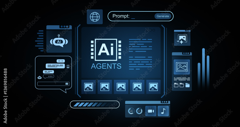 Poster ai agents interface with futuristic digital elements. 3d rendering