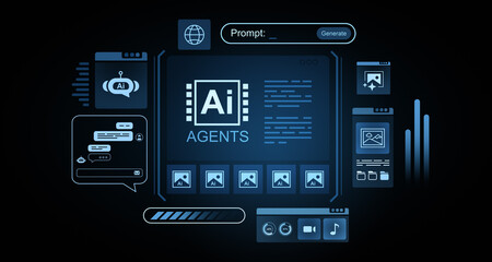 AI agents interface with futuristic digital elements. 3D Rendering