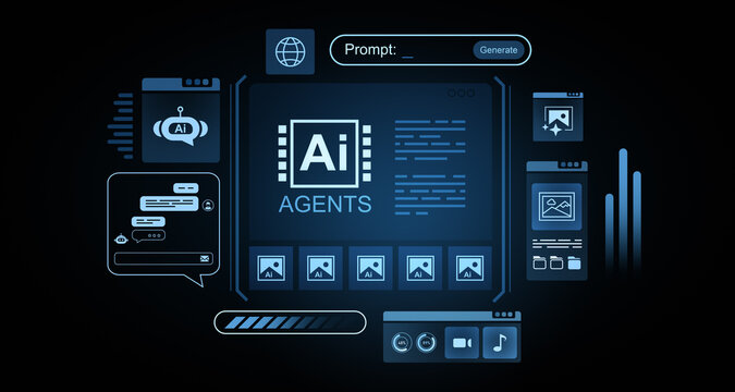 AI agents interface with futuristic digital elements. 3D Rendering