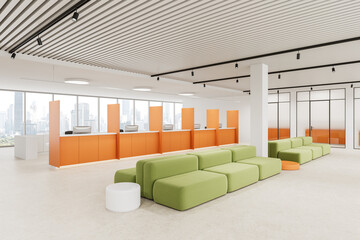 Modern bank interior with orange service counters and green seating. 3D Rendering