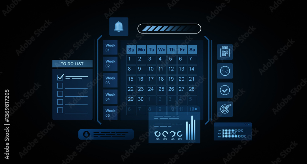 Fototapete futuristic digital calendar interface with task management and analytics. 3d rendering