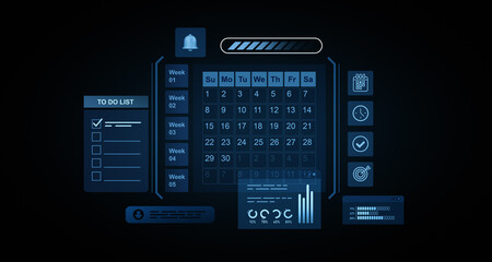 Futuristic digital calendar interface with task management and analytics. 3D Rendering