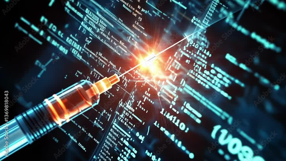 Aufkleber glowing syringe injecting data stream into digital code flow, sparks flying, creating a powerful vis