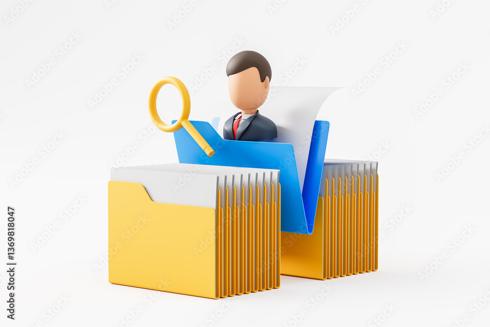 Poster business data analysis concept with file folders and magnifying glass. 3d rendering