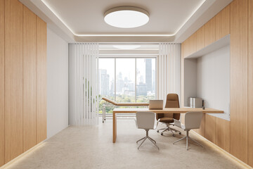 Modern medical office interior with wooden furniture and large window overlooking city skyline....