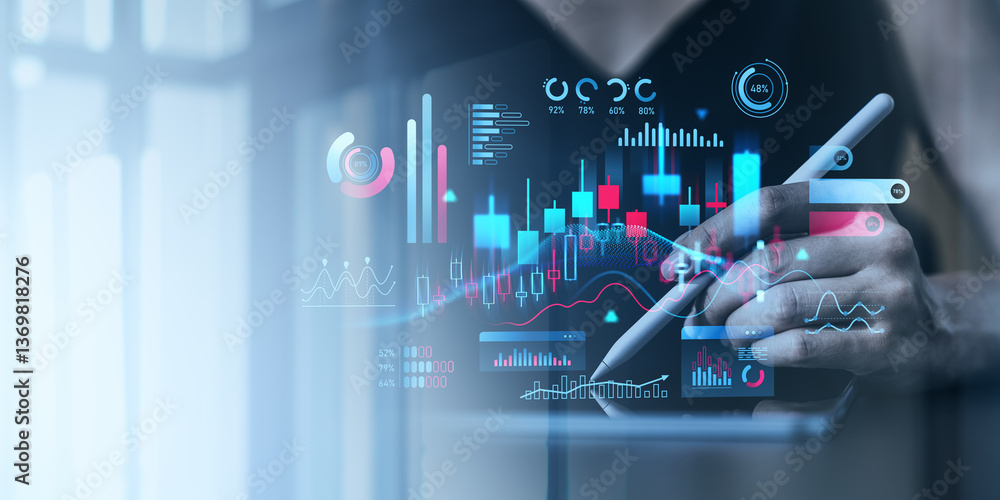 Poster digital financial analytics with data visualization.