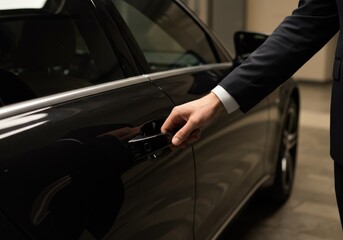 A suited man opens a sleek black car door, suggesting luxury, business, and professional transport.