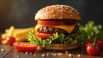 Delicious Sesame Seed Burger with Toppings Close Up