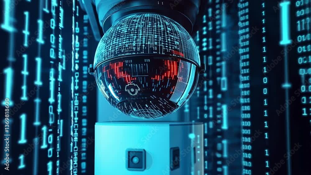 Poster futuristic security camera with binary code reflecting on its surface, monitoring a server room, ens
