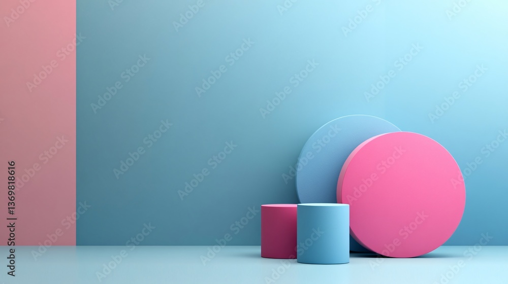 Poster pink and blue cylinders and circles creating a modern abstract composition