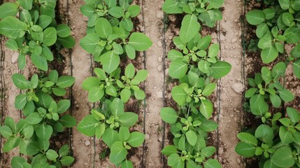 High angle view of a soybean plantation with rows of growing plants, showing the green leaves in the background and the early growth stages of the plants.
