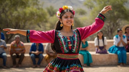 A young Hispanic girl performs a traditional dance in vibrant attire, exuding joy during a cultural celebration.
