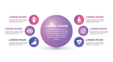 Modern infographic template for business presentations: step-by-step process with numbers, text blocks, and graphic elements for easy demonstration of a plan, strategy, or report.