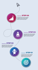 Modern infographic template for business presentations: step-by-step process with numbers, text blocks, and graphic elements for easy demonstration of a plan, strategy, or report.