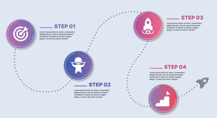 Modern infographic template for business presentations: step-by-step process with numbers, text blocks, and graphic elements for easy demonstration of a plan, strategy, or report.