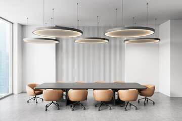 Modern conference room with large table and stylish beige chairs. 3D Rendering
