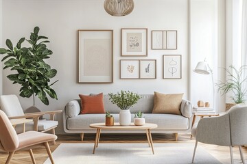 Modern living room with stylish furniture, decorative plants, and artwork on the walls