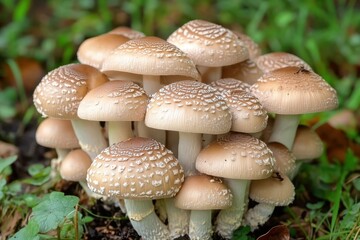 Obraz premium Cluster of Beautiful Wild Mushrooms Growing in Forest Environment