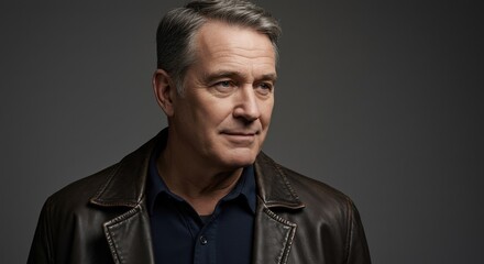 Fototapeta premium Portrait of Mature Man in Leather Jacket with Thoughtful Expression, Perfect for Business Profiles and Life Coaching Ads