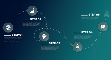Modern infographic template for business presentations: step-by-step process with numbers, text blocks, and graphic elements for easy demonstration of a plan, strategy, or report.