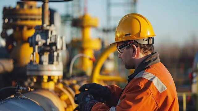 Worker in protective clothing inspects equipment, suitable for industrial and technical rollers.
