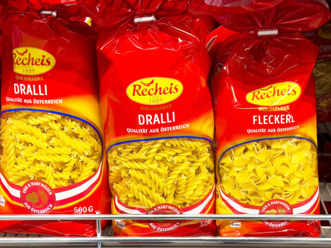 Austrian recheis dralli and fleckerl pasta packages on store shelf
