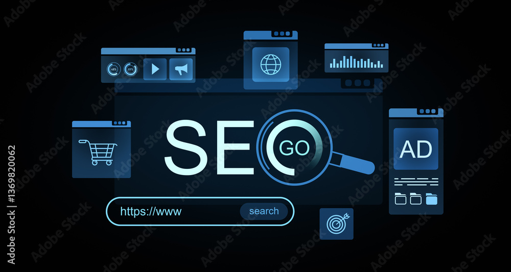 Poster seo digital marketing concept with search engine optimization elements. 3d rendering