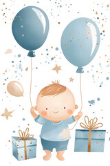 The baby is holding a balloon. A gift box has been placed. illustration