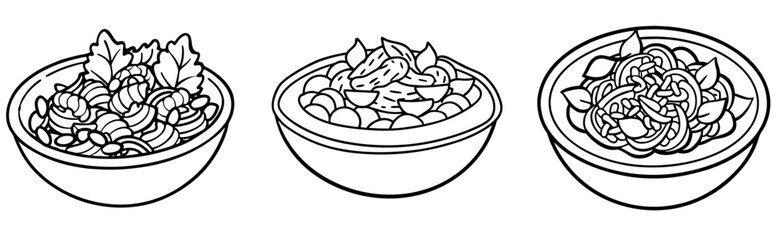 Three Bowls of Pasta with Various Toppings, Line Art Isolated on White Background