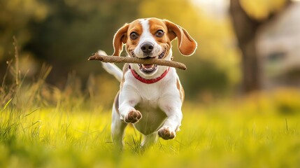 A beagle dog, predominantly white and brown, with a red collar, is joyfully running in a grassy field, holding a stick in its mouth.