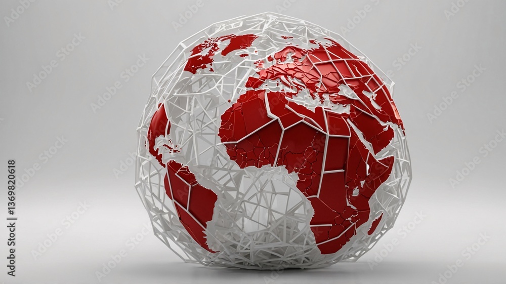 Poster artistic representation of a globe with a red and white design, symbolizing global connectivity and 