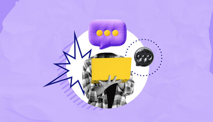Surreal digital collage of person with speech bubble head.